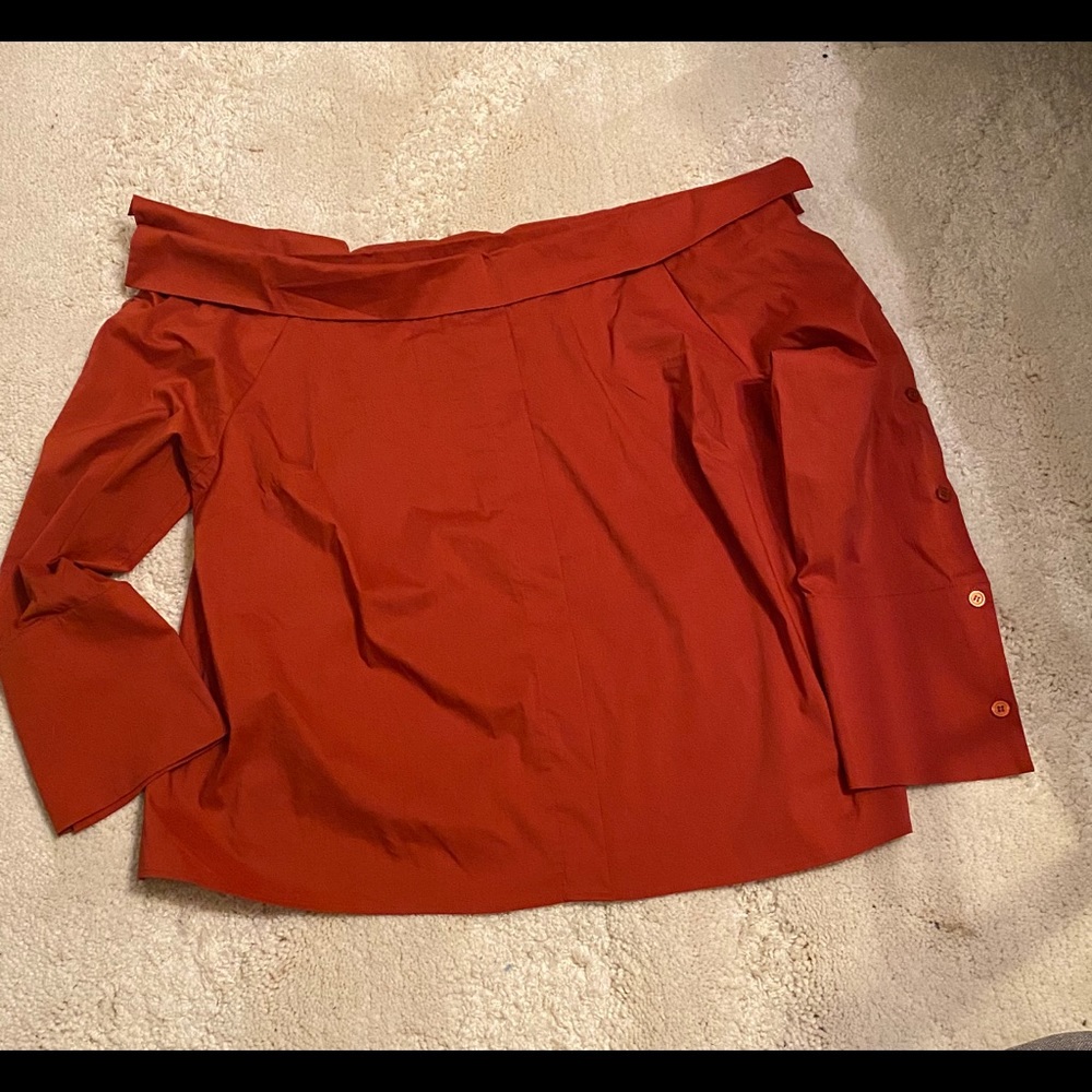 NEW-Eloquii Women's Folder-Over Off-The-Shoulder Poplin Shirt Burnt Orange